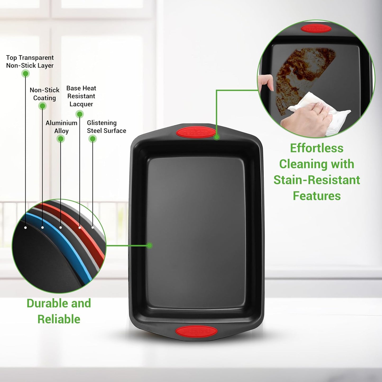 NutriChef 3-Piece Baking Pan Set - Premium Nonstick Carbon Steel Bakeware w/ Silicone Handles - Includes Large, Medium, & Small Pans for Baking & Roasting - PFOA, PFOS, PTFE Free - Black