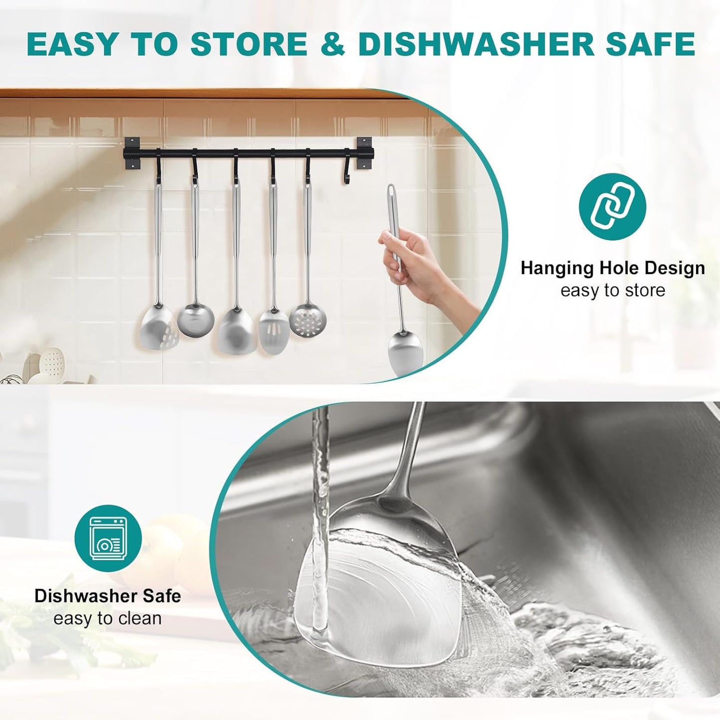 6Pcs Stainless Steel Kitchen Utensils Set – Cooking Utensils Set Stainless Steel, Metal Cooking Utensils with Wok Spatula, Serving Spoons,Ladle Set– Durable Cooking Supplies for Home and Camping