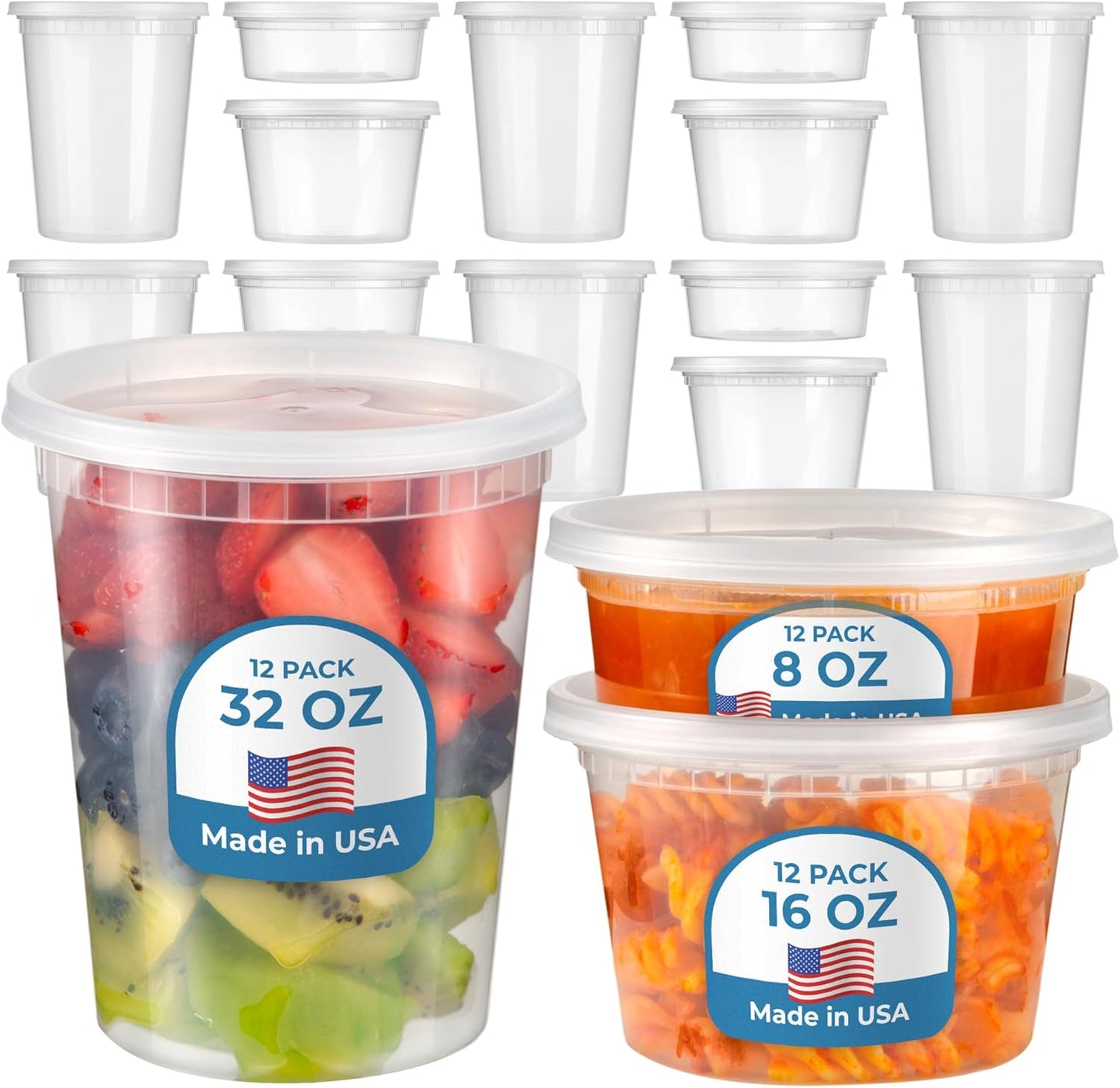 Fit Meal Prep 36 Pack 8 16 32 oz Deli Containers with Lids Variety Pack, US Made Leakproof Assorted Plastic Soup Containers, Combo Clear Food Storage Containers with Lids, Microwave Freezer Safe