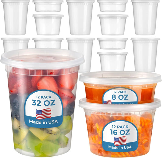 Fit Meal Prep 36 Pack 8 16 32 oz Deli Containers with Lids Variety Pack, US Made Leakproof Assorted Plastic Soup Containers, Combo Clear Food Storage Containers with Lids, Microwave Freezer Safe