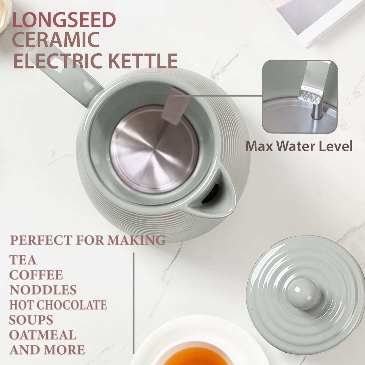 1.2 Liter Ceramic Electric Kettle Pot with Infuser & Mug, 1000W Boil Water Teapot, Fast Boiling, Boil-Dry Protection, Automatic Shut-Off, Rotatable Base