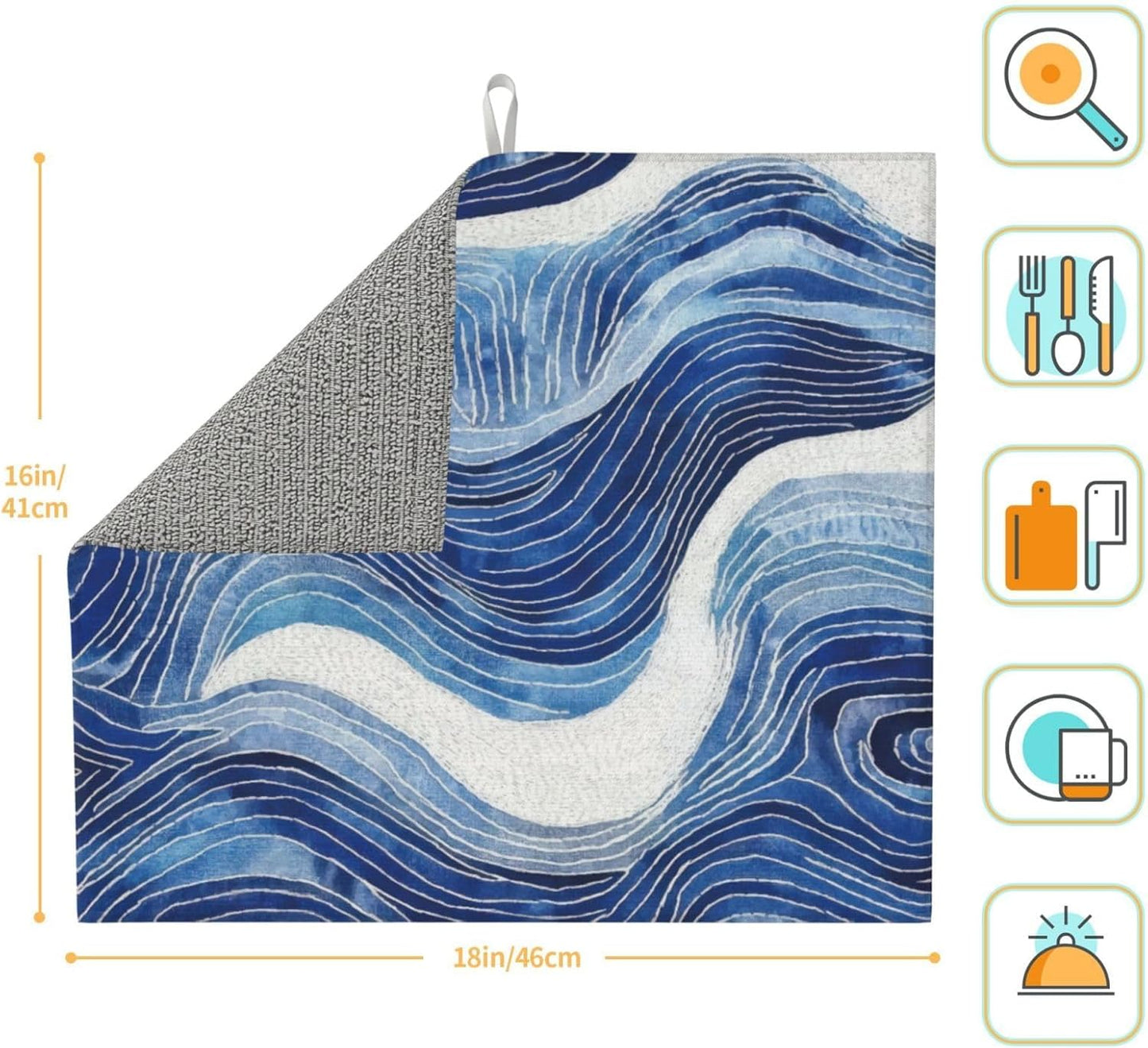 Blue White Wave Abstract Art Dish Drying Mat for Kitchen Counter & Sink, Absorbent Microfiber Ocean Drying Pad for Dishes, Foldable Nautical Modern Kitchen Mat for Dining Area & Home Decor, 16" x 18"