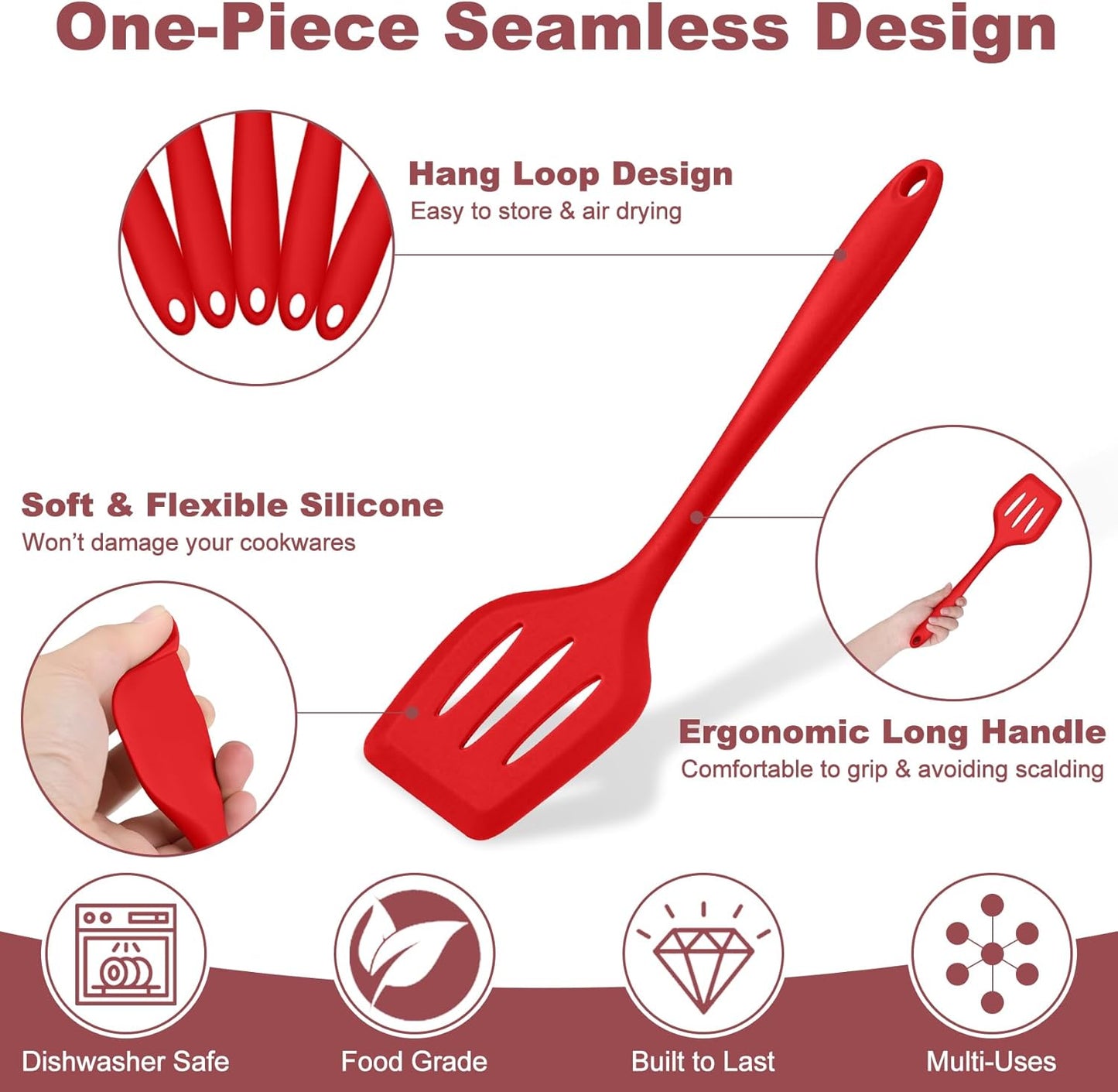 TeamFar Kitchen Utensils, 7 PCS Silicone Cooking Baking Utensil, Non-Stick Kitchen Gadgets with Ladle Spatula Spoon Turner Pasta Server, Non-Toxic & One Piece, Heat Resistant & Dishwasher Safe-Red