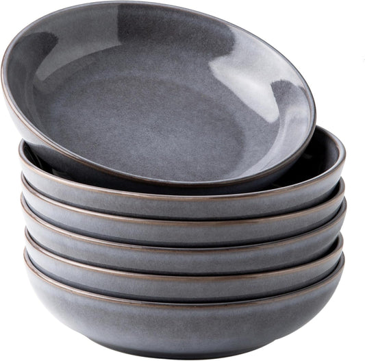 AmorArc 8.5'' Large Pasta Bowls, 36oz Stoneware Pasta Serving Bowls Set of 6 for Kitchen, Wide Bowls for Pasta,Salad,Fruit,Oatmeal, Microwave Safe, Reactive Glaze-Gray