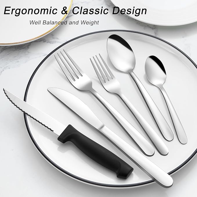 73-Piece Silverware Set with Organizer, Pleafind Stainless Steel Silverware Sets for 12, Cutlery Utensil Sets with Steak Knives, Include Forks Spoons Knives ＆ Silverware Organizer, Dishwasher Safe