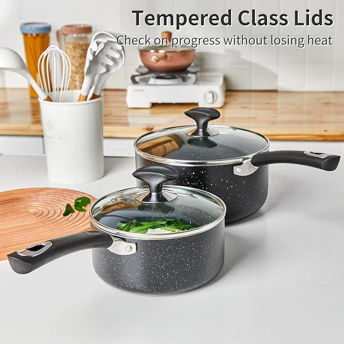 Nonstick Saucepan Set with Lid, Non Stick 2Qt & 3Qt Sauce Pan Set with Glass Lid Small Pot for Home Kitchen