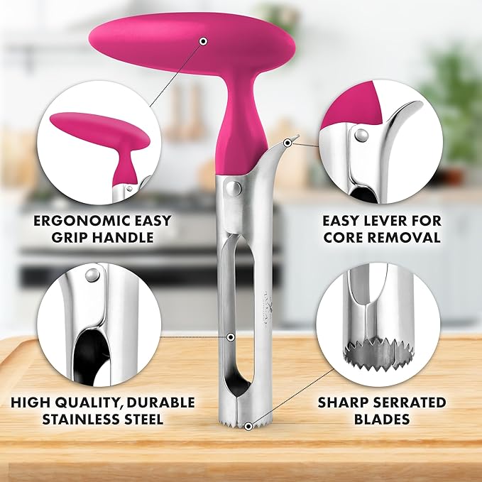 Zulay Kitchen Premium Apple Corer Tool - Ultra Sharp, Stainless Steel, Serrated Blades for Easy Coring - Easy to Use & Clean, Durable Apple Corer Remover for Baking Apples & More - Hot Pink
