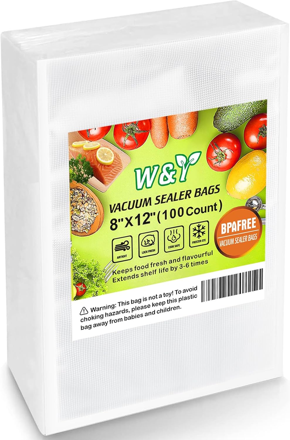 W&Y 100 Single-Ply Vacuum Sealer Bags (8"x12" Quart) – Pre-Separated, Commercial Grade, BPA Free for Food Storage, Sous Vide & Meal Prep – 1 Pack (100 Count)