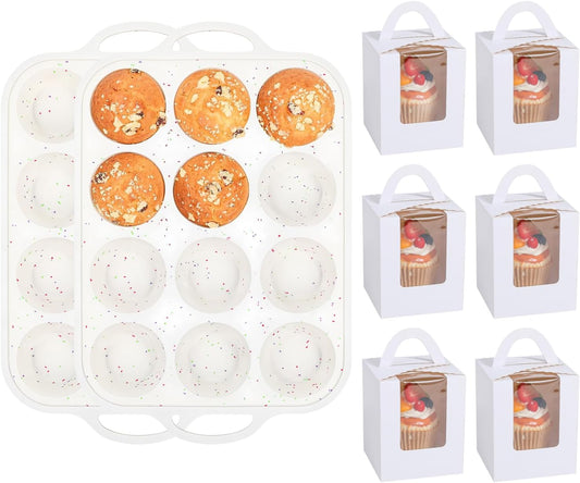 Silicone Muffin Pans for Baking with Metal Reinforced Frame 2 Pack with 24 Pack Individual Cupcake Containers, Nonstick Silicone Cupcake Pan for Baking Homemade Muffins, Dishwasher Safe BPA Free