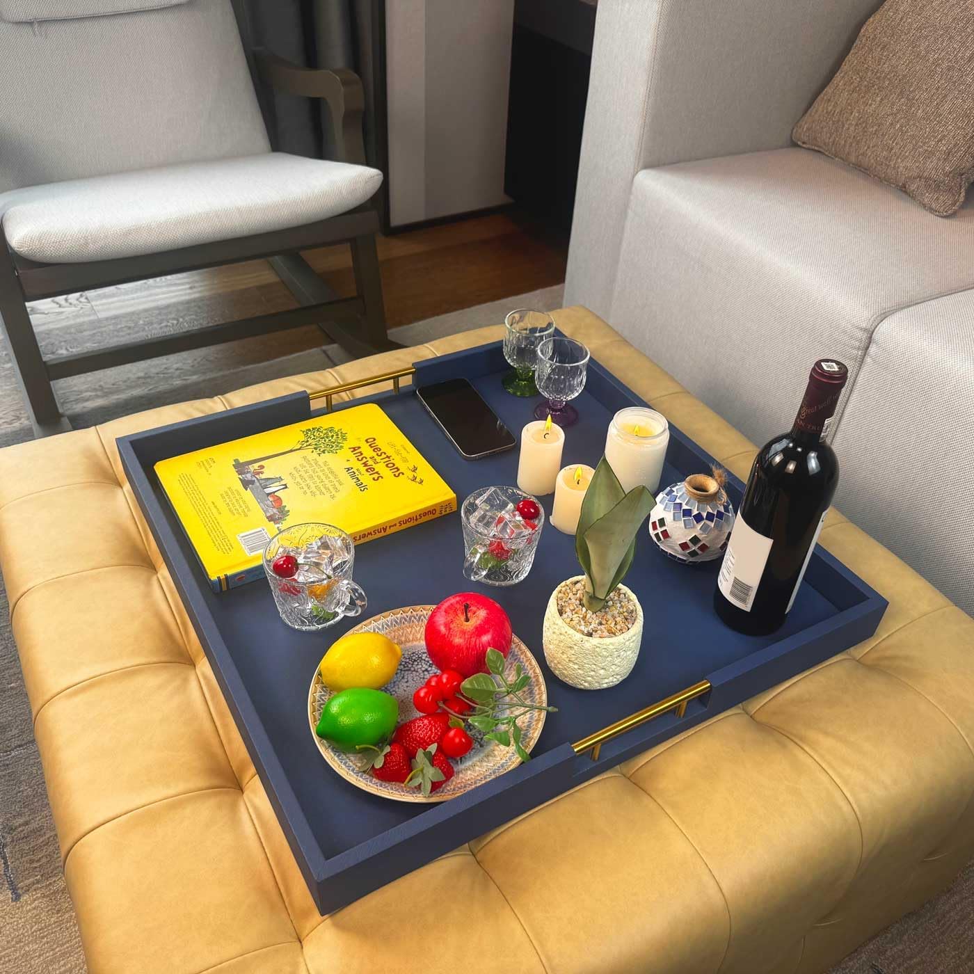 24x24 Inches Extra Large Blue Faux Leather Wrapped Wood Ottoman Tray with Golden Handles for Serving Food and Breakfast On Bed, Square Coffee Table Organizer, Home Decor and Decorative