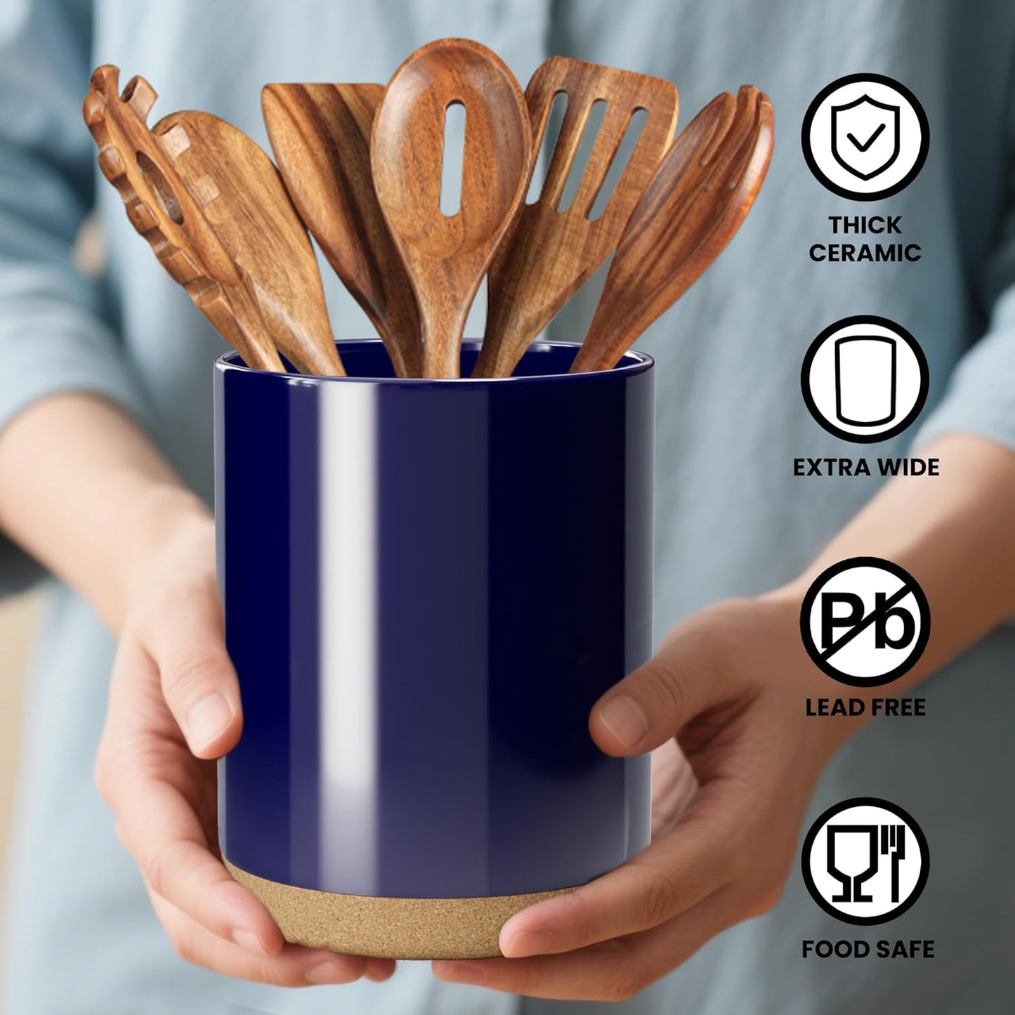Ceramic Kitchen Utensil Holder for Countertop, Modern Crock with Non-Slip Cork Base, Counter Organizer for Cooking Tools , Blue