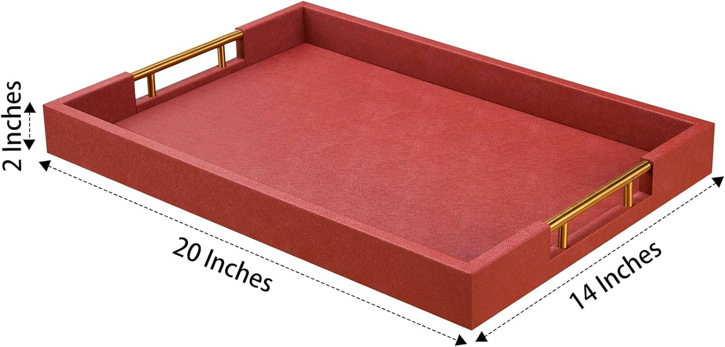 14x20 Inches Brown Faux Leather Wrapped Wood Serving Tray with Metal Handles for Various Occasions, Ottoman, Home Decor Decorative, Living Room, Coffee Table Organizer, Serving Breakfast On Bed
