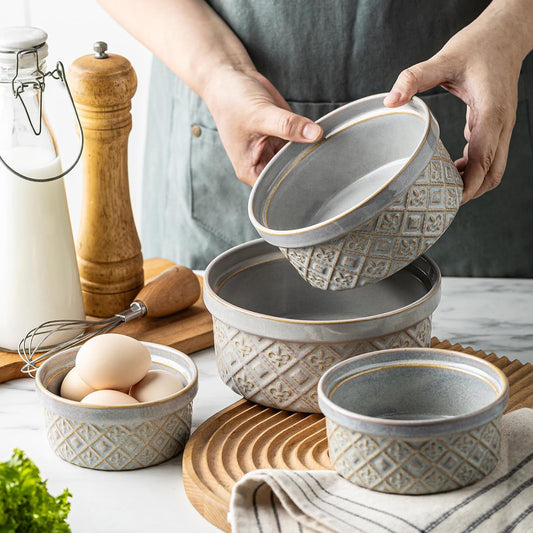 Ceramic Mixing Bowls with Lids Set of 4, Embossed Nesting Storage Bowls for Cooking, Serving, Salad, Popcorn etc, Microwave and Dishwasher Safe, Baking Dishes 12/16/28/40 oz (Gray)