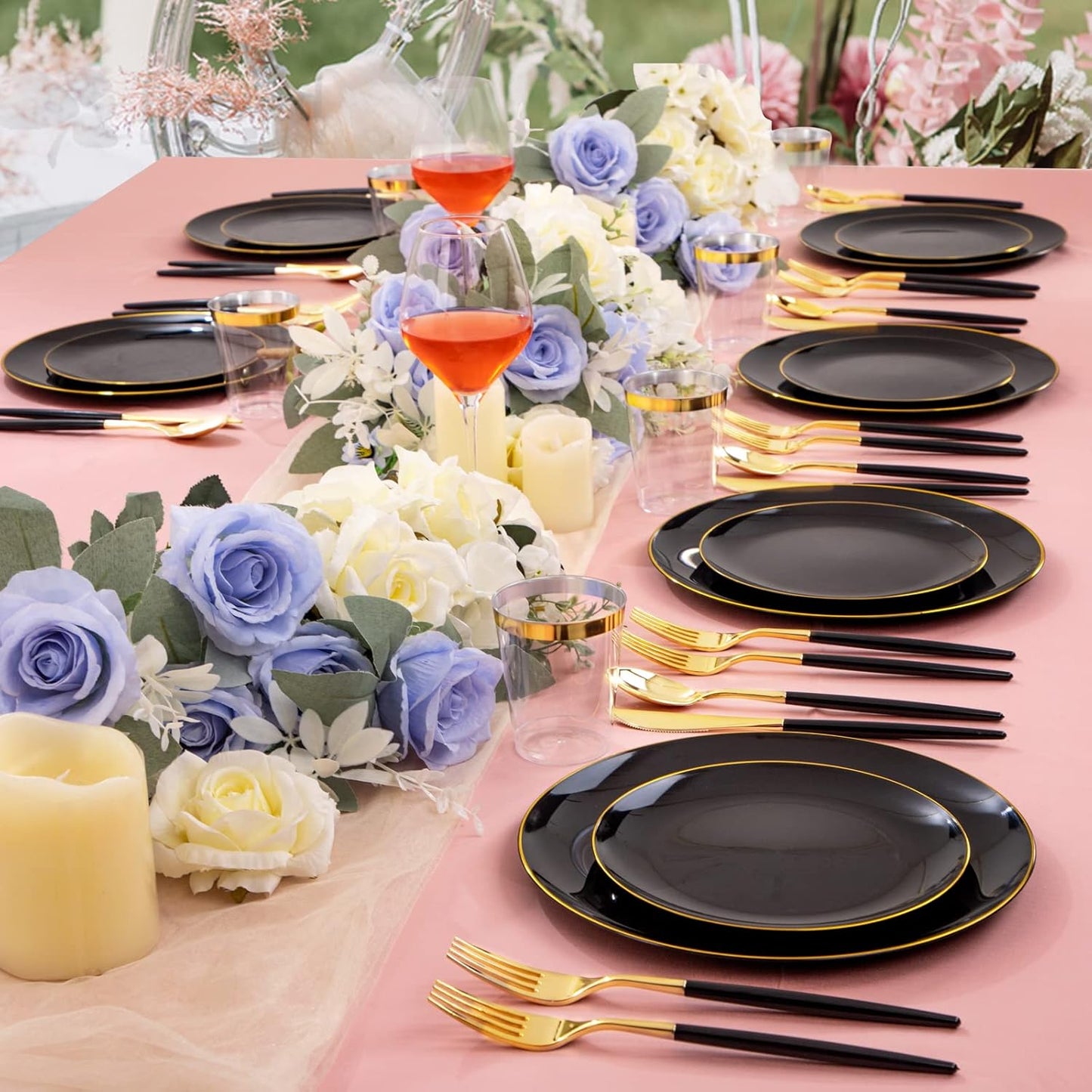LIYH 180 Pcs Black Plastic Dinnerware Set with Gold Silverware,Halloween Plates, Black Plastic Plates Disposable, Heavyduty Gold Utensils Set for Parties,Halloween Happy New Year 30 Guests