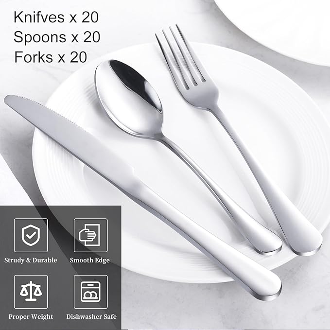 60-Piece Silverware Set for 20 - Stainless Steel Flatware Cutlery Set, Mirror Polished Flatware Set Include Forks Spoons Knives for Home Wedding Restaurant, Dishwasher Safe, Silver, 60 PCS