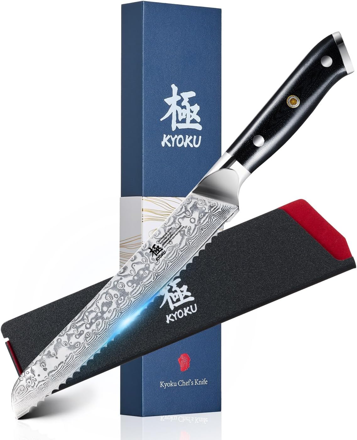 KYOKU 8" Serrated Bread Knife - Gin Series - VG10 Damascus Japanese Steel Kitchen Knife with Silver Ion Blade G10 Handle Mosaic Pin, Professional Razor-Sharp Bread Cutting Slicing