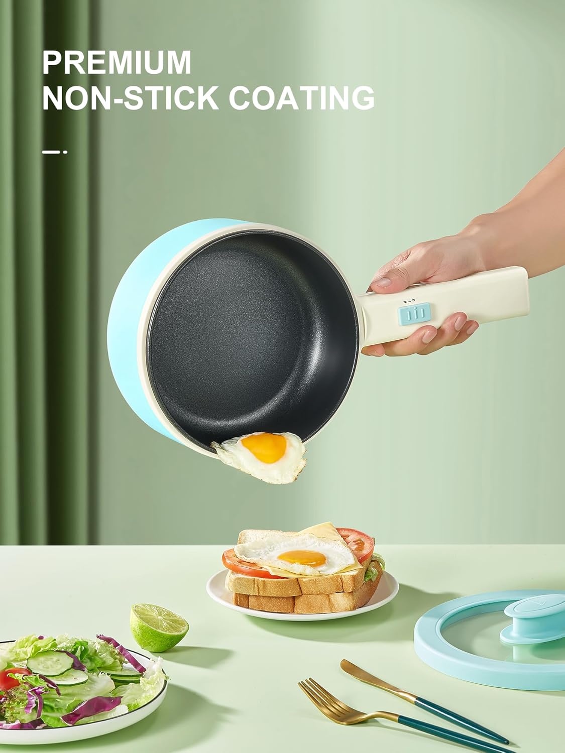 Hot Pot Electric With Steamer, 1.6L Ramen Cooker Non-Stick Sauté Pan for Steak, Egg, Fried Rice, Ramen, Oatmeal, Soup, Portable Personal Perfect Suit Dorm Room and Apartment (Aqua)