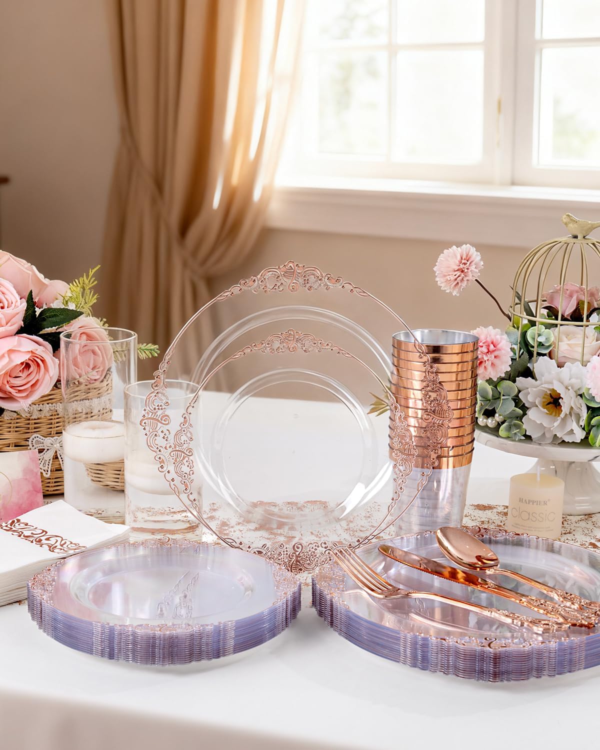 YOUBET 700PCS Rose Gold Plastic Plates - Clear Rose Gold Plastic Dinnerware Set Include 200 Disposable Plate, 300 Heavy Duty Silverware, 100 Cups, 100 Napkins for Wedding & Party & Baby Shower