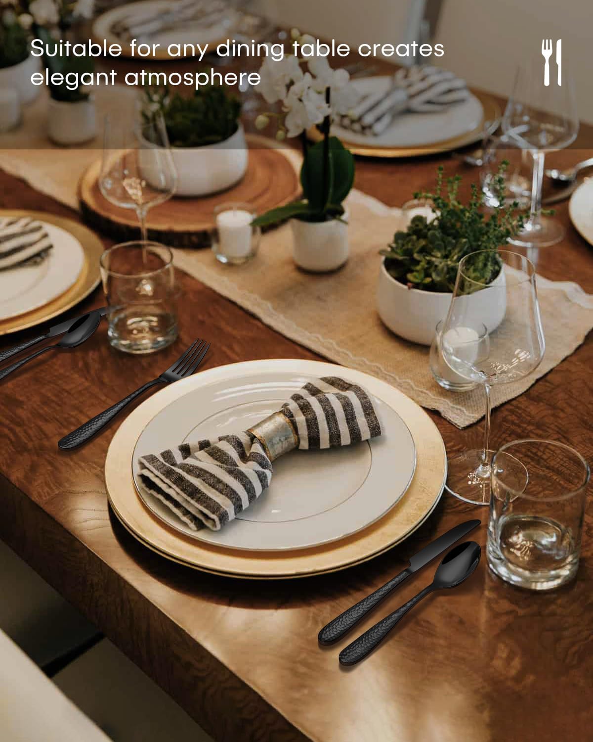 Hammered Silverware Set, Ollex 30PCS Black Flatware Set for 6 Mirror Finish Stainless Steel Eating Utensils Sets Include Forks Spoons and Knives Tableware Kitchen Cutlery Sets, Dishwasher Safe