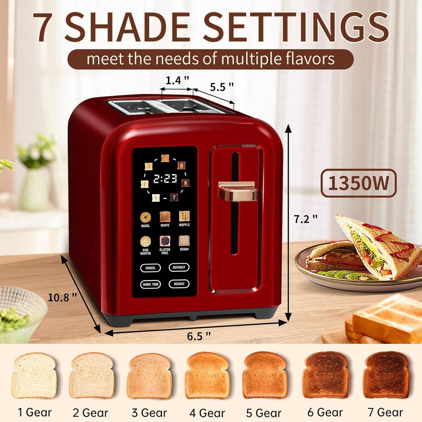 SEEDEEM Toaster 2 Slice, Touch Control Stainless Toaster LCD Display, 50% Faster Heating Speed, 1.4'' Wide Slots, More Timer Functions, Removable Crumb Tray, 1350W, Dark Cherry