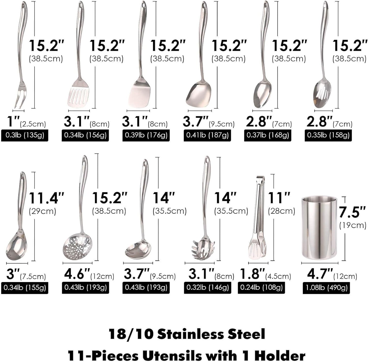 18/10 Stainless Steel Kitchen Utensils Set with Holder - 15″ Spatula Spoon Set with Storage Organizer for Countertop, Fork, Tongs, Spatula, Ladle, Skimmer, Turner, Spaghetti, Large Spoon Set of 12