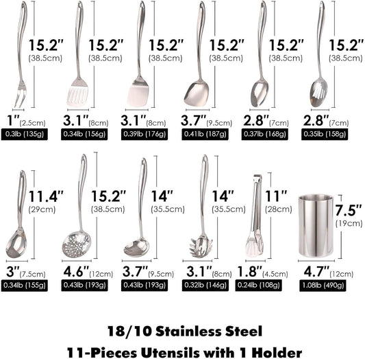 18/10 Stainless Steel Kitchen Utensils Set with Holder - 15″ Spatula Spoon Set with Storage Organizer for Countertop, Fork, Tongs, Spatula, Ladle, Skimmer, Turner, Spaghetti, Large Spoon Set of 12