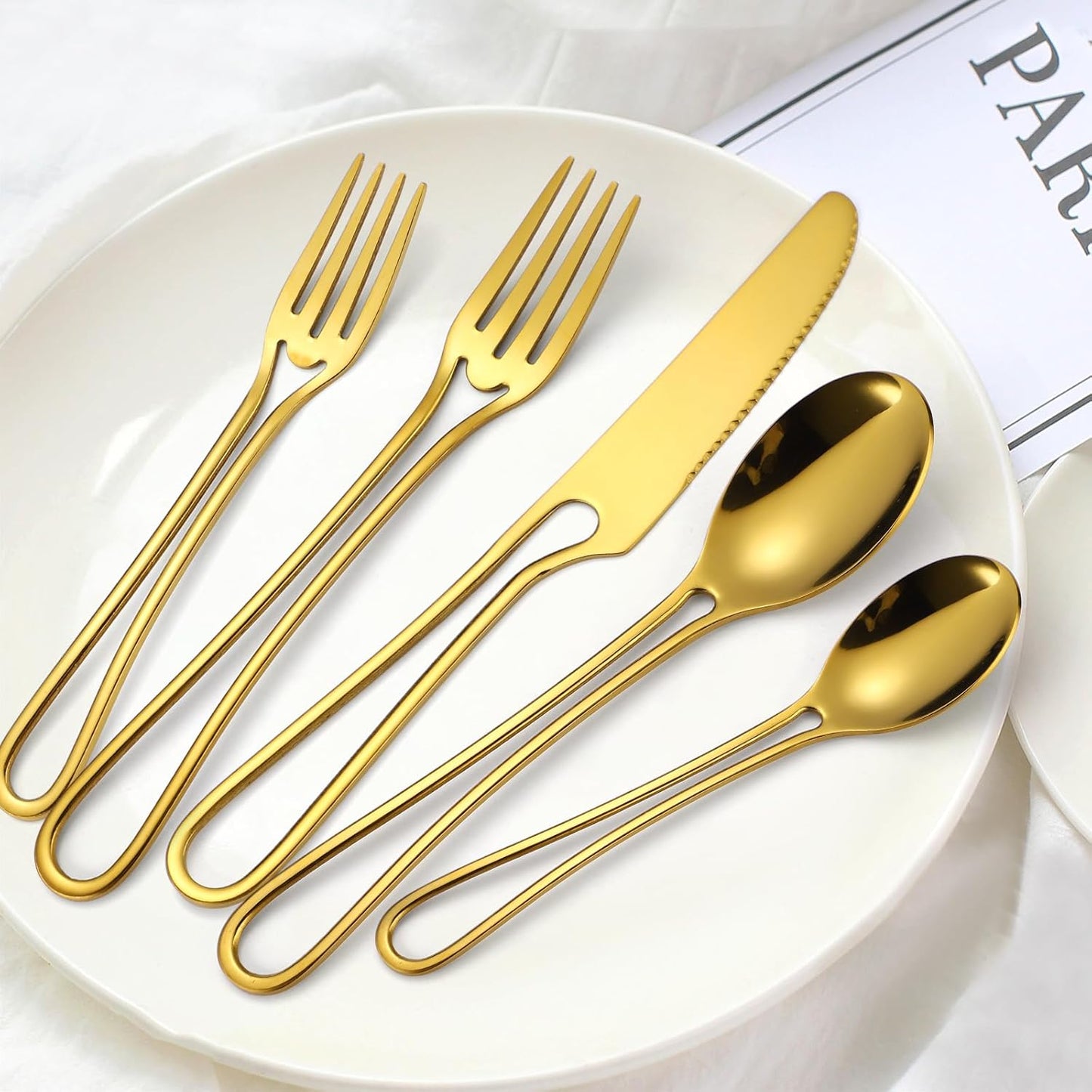 Gold Silverware Hollow 20 Piece Flatware Set For 4 Kitchen Cutlery Stainless Steel Forks Spoons and Knives Unique Utensils Party Festival Restaurant Durable