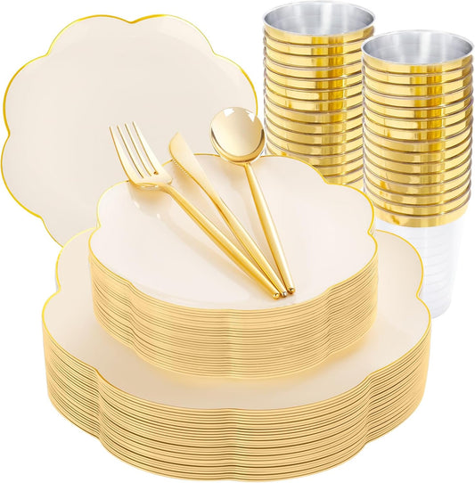 EI 180pcs Beige Plastic Plates with Gold Plastic Silverware,Heavy-Duty Disposable Plates for Party,Beige Dinnerware Set for 30 Guest Wedding,Birthday