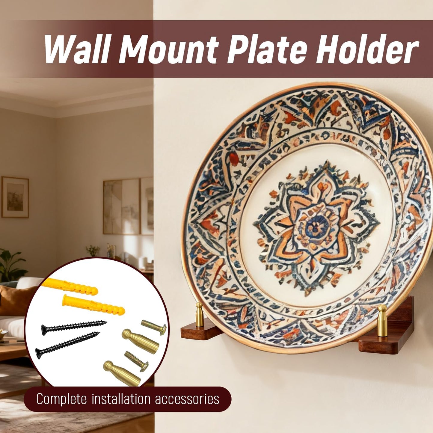 Acacia Wood Plate Hangers for The Wall - Suitable for 6-16 Inch Plates - Decorative Wall Plate Rack for Displaying Photo Frames, Bowls, Certificates & Artwork