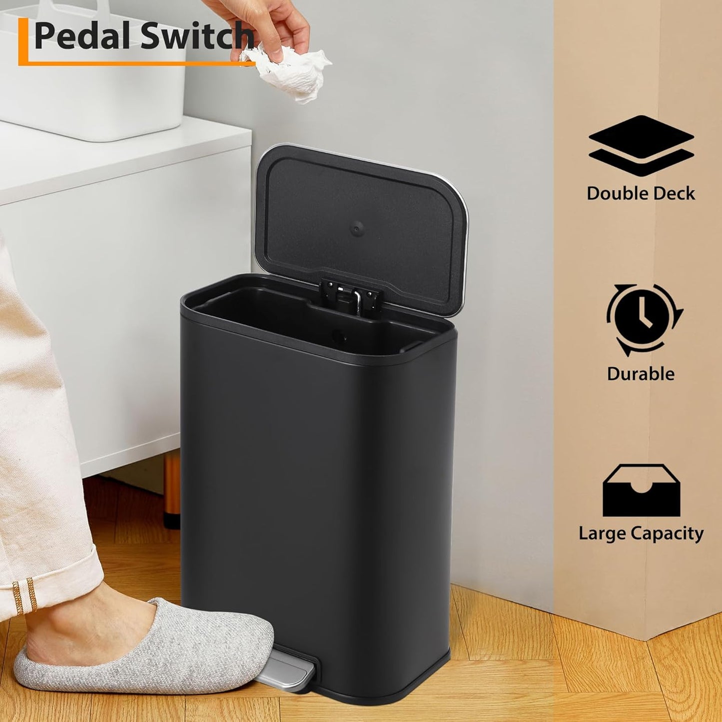 Trash Can with Lid, 5.3 Gallon Stainless Steel Garbage Bin for Kitchen, Rectangular Trash Can with Step-On Pedal and Inner Bucket for Home Office Bathroom Living Room (20 L, Black)