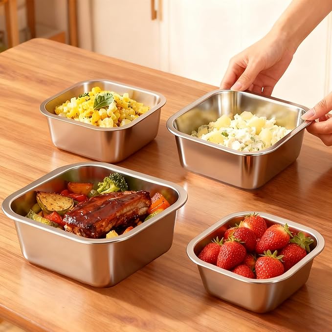 4-Piece Stainless Steel Snack & Lunch Containers with Lids Set, Stackable Metal Food Storage Containers with Lids, Airtight Leakproof Lunch Bento Box, Dishwasher Safe (Size 4.5", 5.5", 6.3", 7")