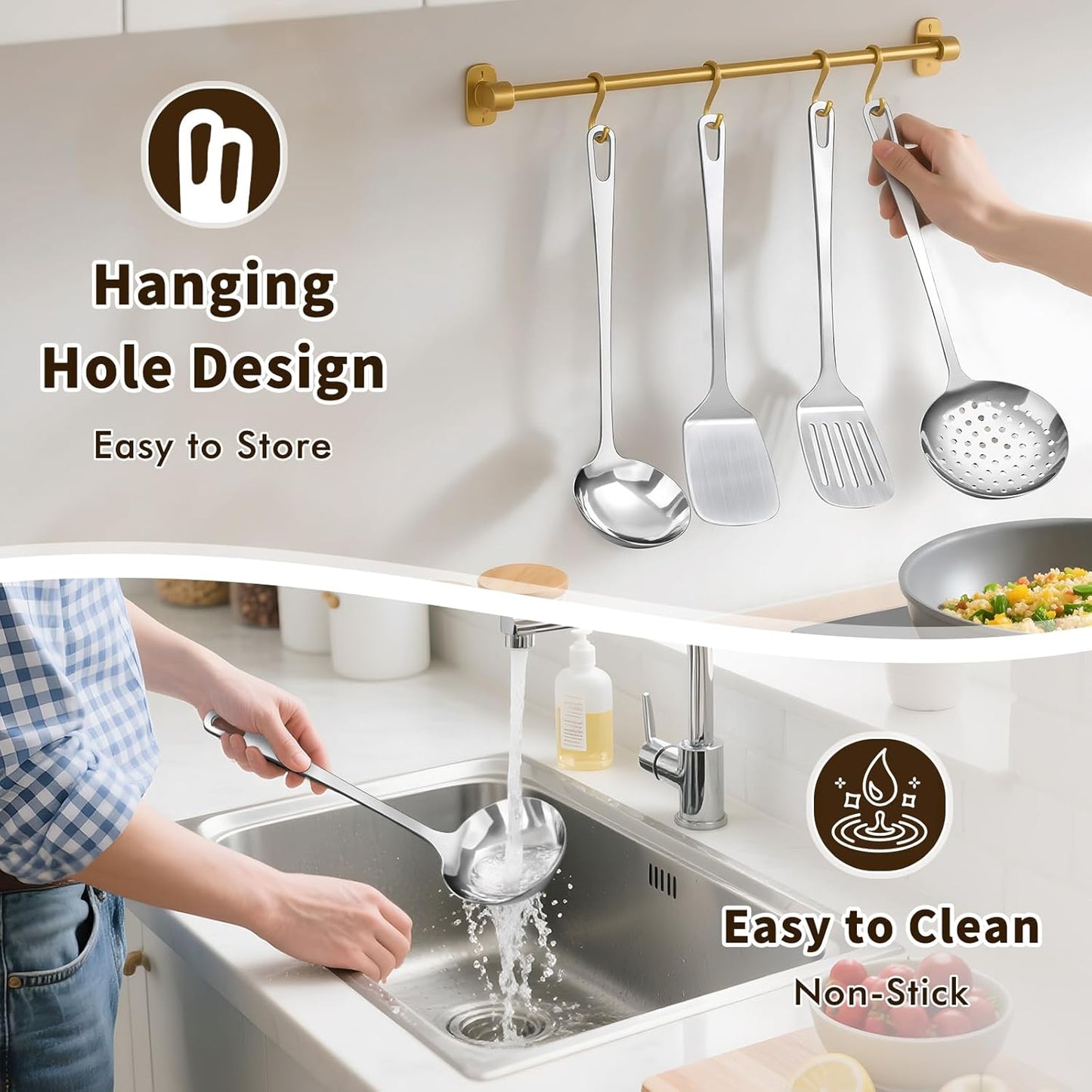 4 Pcs Cooking Utensils Set, Stainless Steel Kitchen Utensils, Heat Resistant Metal Kitchen Tools Include Solid & Slotted Turner Wok Spatula, Serving Spoon, Ergonomic Handle, Easy to Clean, Silver