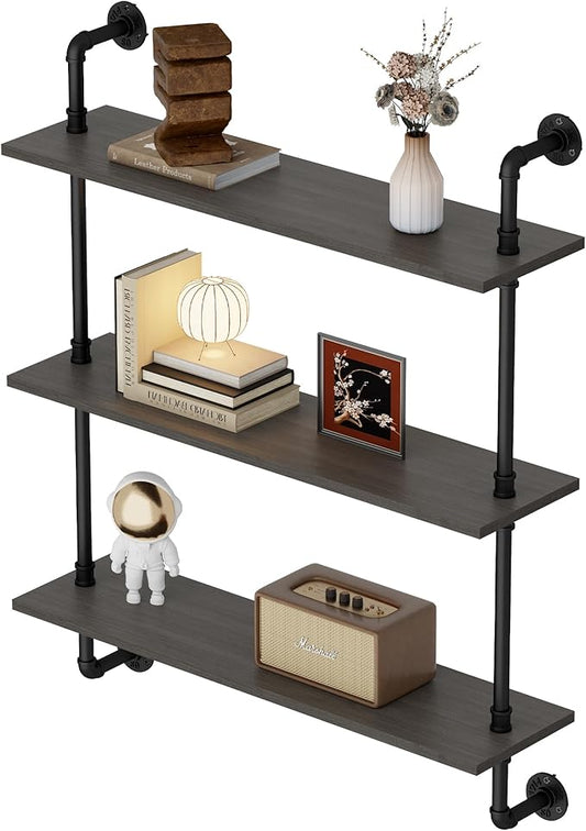 3-Tier Industrial Pipe Floating Shelf – Rustic 36 inch Wood Wall-Mounted Storage Shelf for Kitchen Office,Bathroom & Home Decor -Black