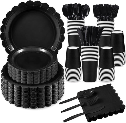 350 Pcs Black Paper Plates and Napkins, 25 Guest Black Birthday Party Supplies Includes Scalloped Party Plates Napkins Cups Plastic Spoons Forks Knives for Birthday, Wedding, Halloween