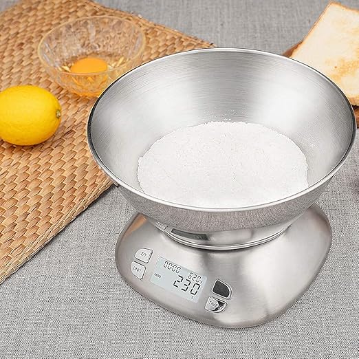 Digital Kitchen Scale with Removable Bowl 2.5L Volume, Electronic Stainless Steel Food Scale for Cooking Baking, Room Temperature, Alarm Timer, 12lb 5.5kg, Batteries Included