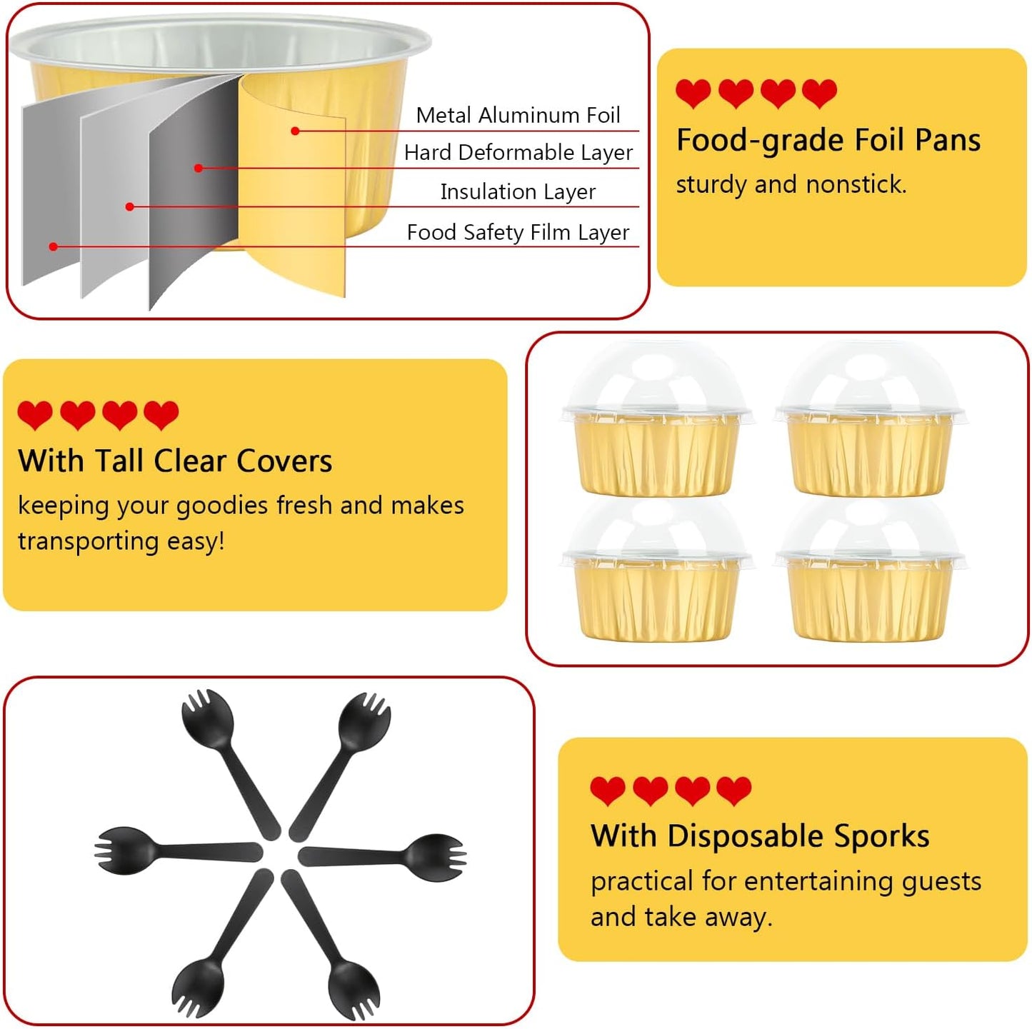 Aluminum Cupcake Liners with Dome Lids 50 Pack,Free-Air 5oz Foil Baking Cups Muffin Tins,Disposable Ramekins Jumbo Muffin Liners for Wedding Birthday Party,with 50 Spoons-Gold