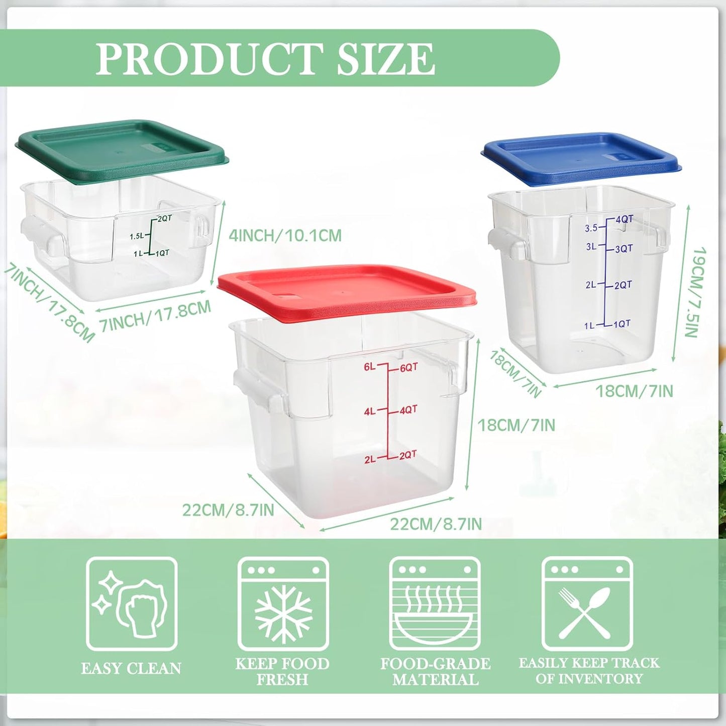 Lallisa 6 Pcs Food Storage Set, Square Polycarbonate Restaurant Food Storage Containers with Lids commercial Clear Cereal Containers for Kitchen, 3 Colors(2 Quart 4 Quart and 6 Quart)