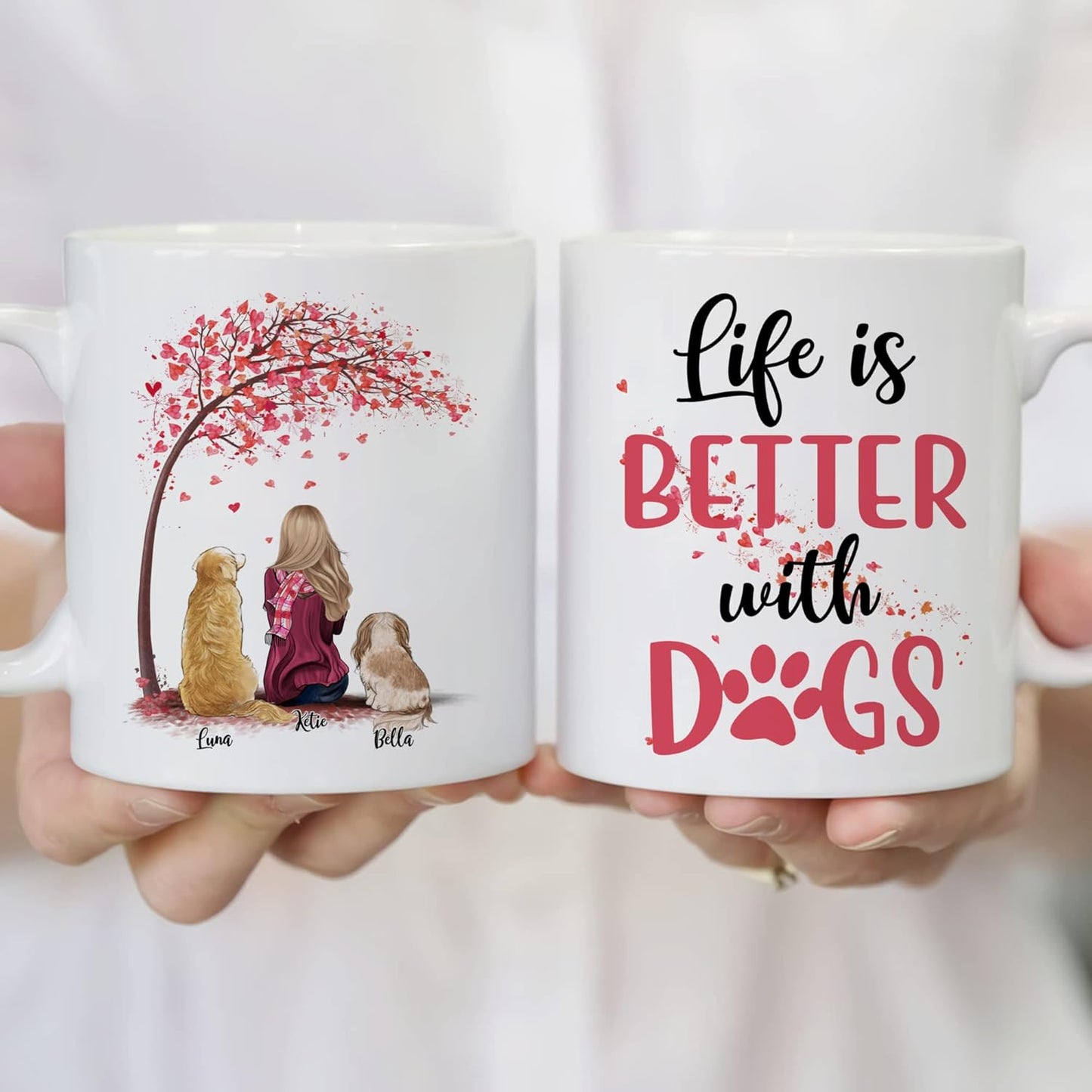 Gossby Personalized Mug - Life is Better With Dogs (Girl - 2 Dogs - Pink Tree) - 11oz, 15oz Custom Coffee Mug for Dog Mom, Lovers - Personalized Gifts for Women (GBMUG146VAR302)