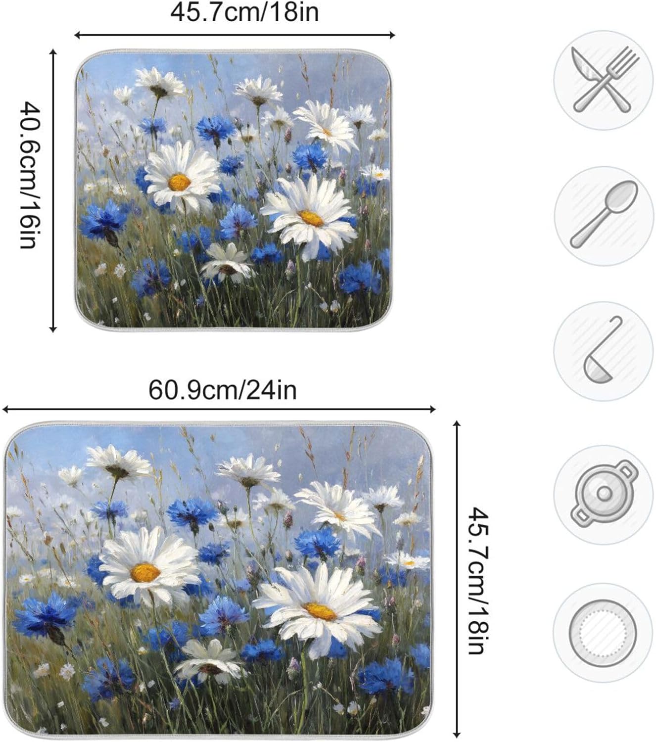 White Daisies and Cornflowers Dish Drying Mat for Kitchen Counter Super Absorbent Dishes Pad Reversible Microfiber Protector Dish Draining Mats 16x18 inch