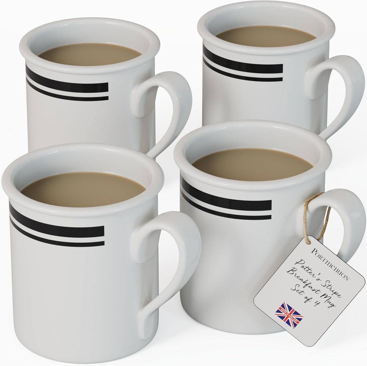 Portmeirion Potter's Stripe Breakfast Mug (Set of 4) - 9oz White Ceramic Mugs with Black Stripe Pattern - Microwave, Dishwasher, Freezer Safe Earthenware Mugs for Tea & Coffee Lovers (Black)