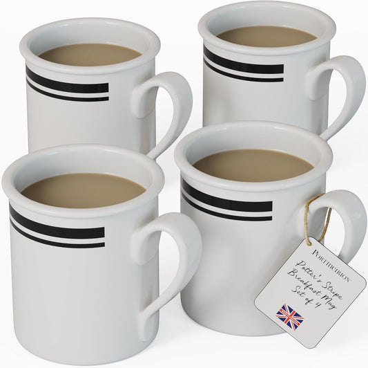 Portmeirion Potter's Stripe Breakfast Mug (Set of 4) - 9oz White Ceramic Mugs with Black Stripe Pattern - Microwave, Dishwasher, Freezer Safe Earthenware Mugs for Tea & Coffee Lovers (Black)