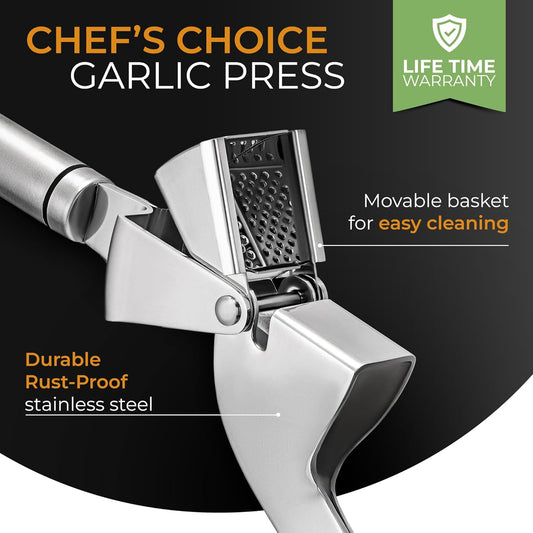 ORBLUE Garlic Press Stainless Steel - Premium Professional Grade Garlic Mincer, Crusher & Peeler Set - Easy Clean, Dishwasher Safe & Rust-proof