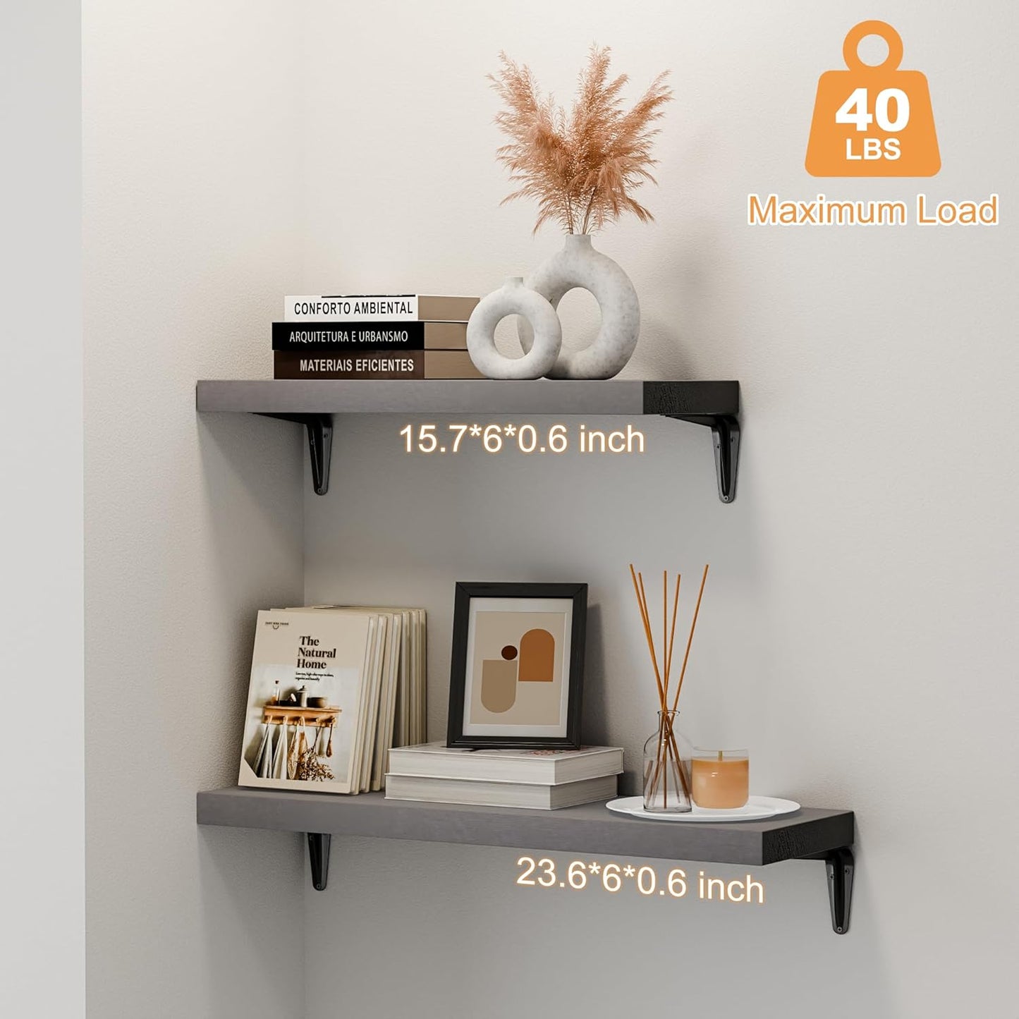 SKYSEN Floating Shelves for Wall Set of 6, 15.7in Wood Wall Shelf for Decor, Bathroom, Bedroom, Storage, Book,Kitchen, Living Room - Grey(fs-40-g)