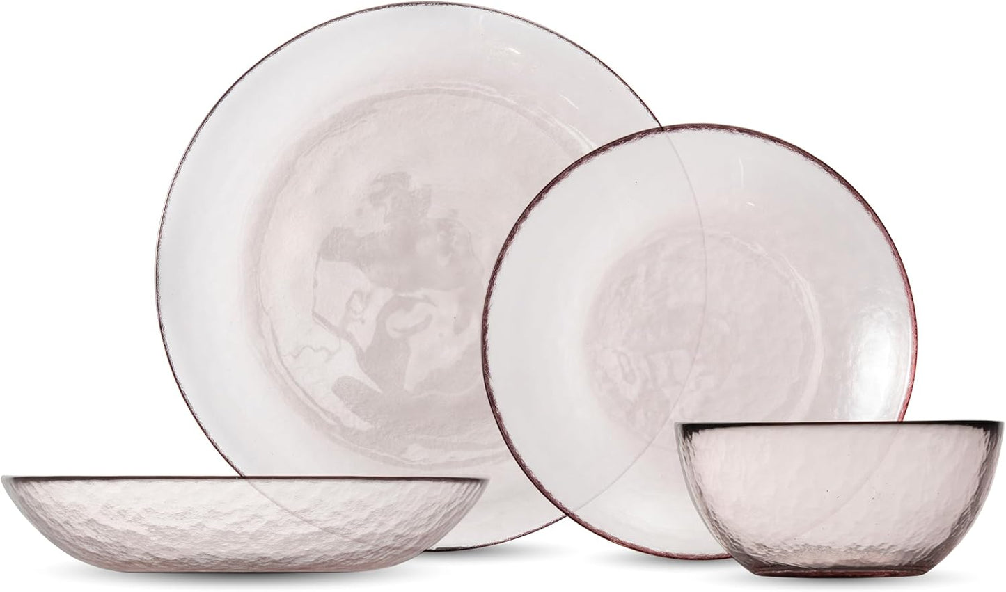 FORTESSA Los Cabos Tableware, 16-Piece Glass Dinnerware Set with 4 Dinner Plates, 4 Salad Plates, 4 Coupe Bowls and 4 Cereal Bowls, Dishwasher-Safe Glass Plate Set, Pink