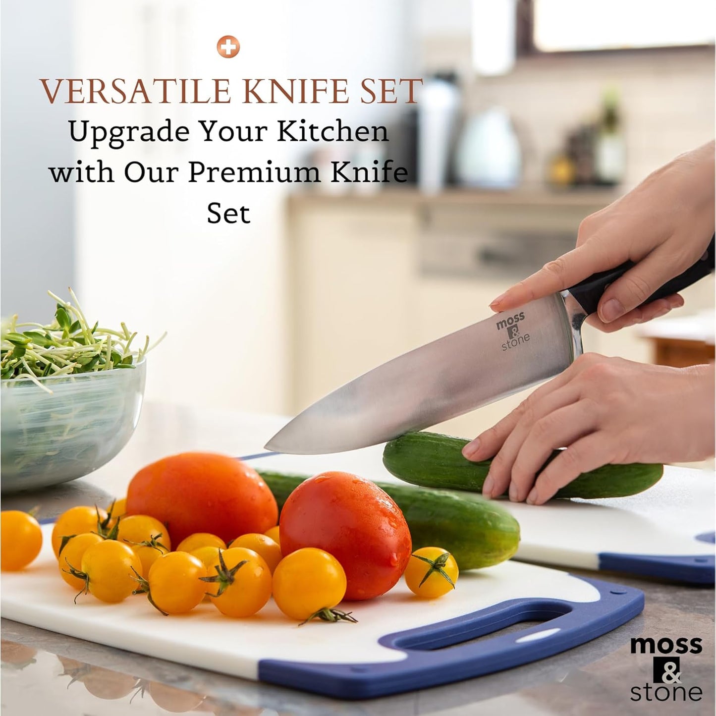 Moss & Stone 7-Piece Kitchen Knife Set with Block – Stainless Steel Serrated Kitchen Knives, High Carbon Blades, Small Cutlery Set for Home Cooking, Compact Countertop Small Knife Set Wood Block