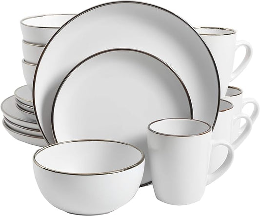 Gibson Home Rockaway Round Stoneware Dinnerware Set, Service for 4 (16pcs), Matte White/Metallic Rim