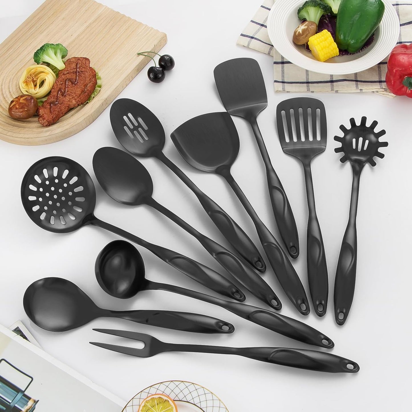 304 Stainlss Steel Kitchen Utensils Set, 10 Pcs Metal Cooking Utensil, Matte Kitchen Gadget Cookware and Kitchen Tool Set, Dishwasher Safe(Black)