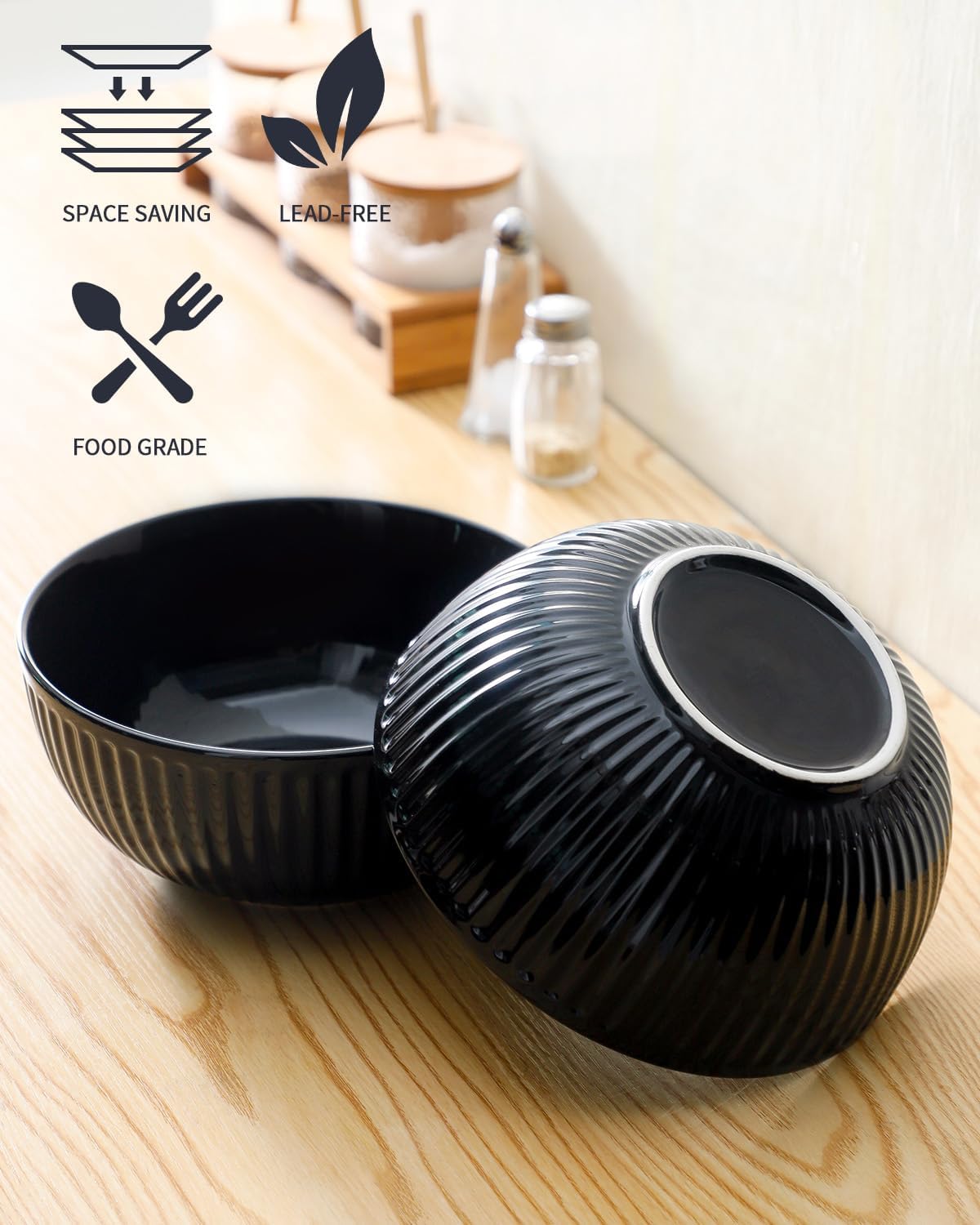 Hasense Large Serving Bowls Set of 2, 60 Oz Porcelain Salad Bowl 8 Inch for Kitchen Dining,Elegant Ribbed Ceramic Dishes for Party,Soup,Pho,Pasta,Cereal,Fruit - Dishwasher & Microwave Safe, Black