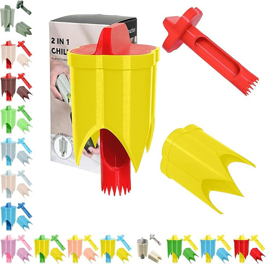 Pepper Corer, 2 in 1 Red Bell Pepper Seed Corer Remover Tool, Fruit & Vegetable Corers Quick Cave Tools for Jalapeno Cutter Deseeder, Red Yellow