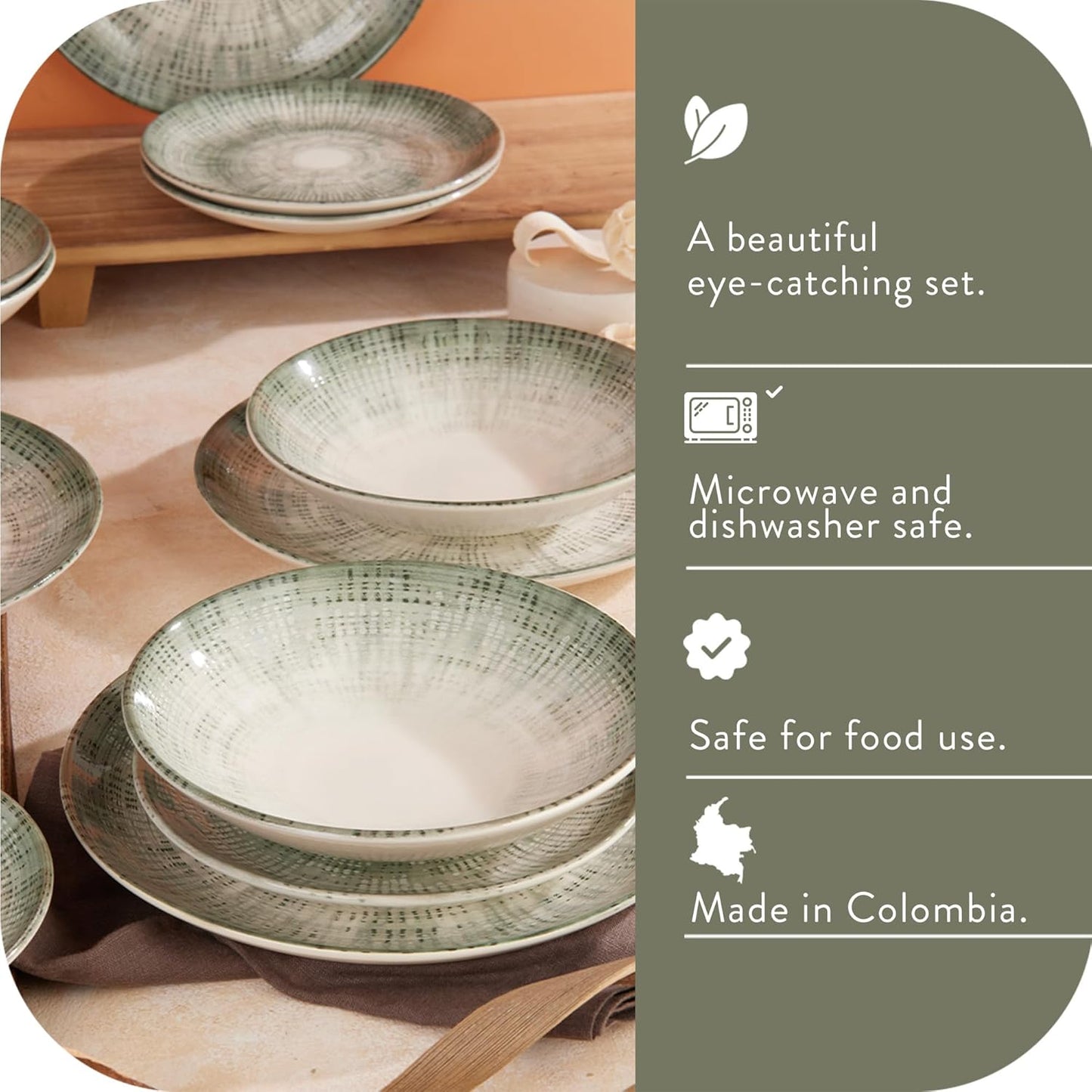 Corona 12-Piece Textured Modern Textured Finish Ceramic Dinnerware Sets, Plates and Bowls, Service For 4, Microwave and Dishwasher Safe, Elara